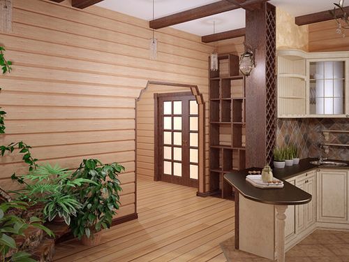 Interiér kuchyně v dřevěných domech ze dřeva tedy do značné míry závisí na vlastnostech rodiny žijící v takovém domě